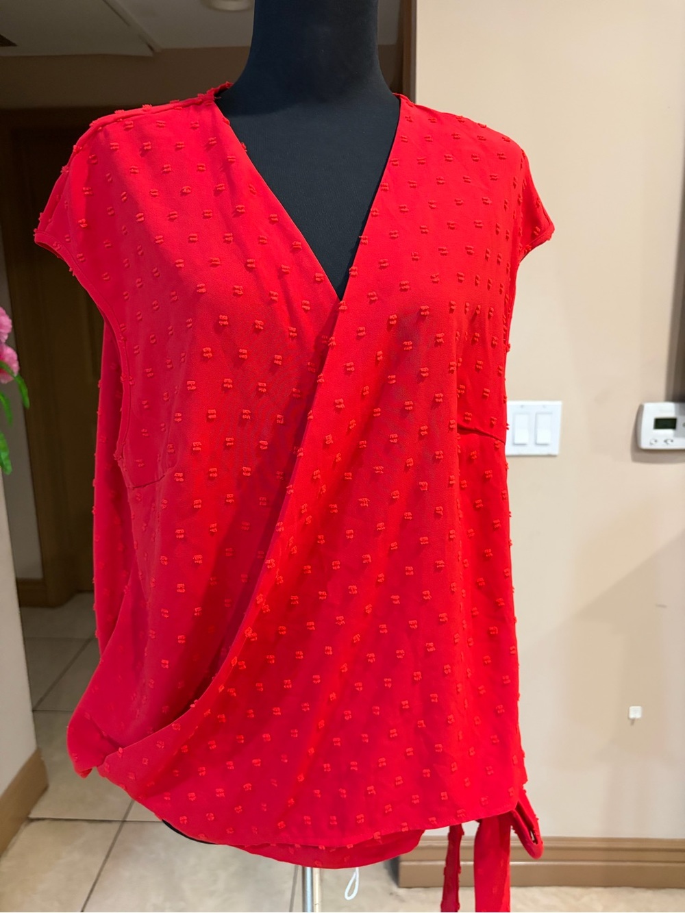 SHEIN Red Textured V-Neck Wrap Blouse